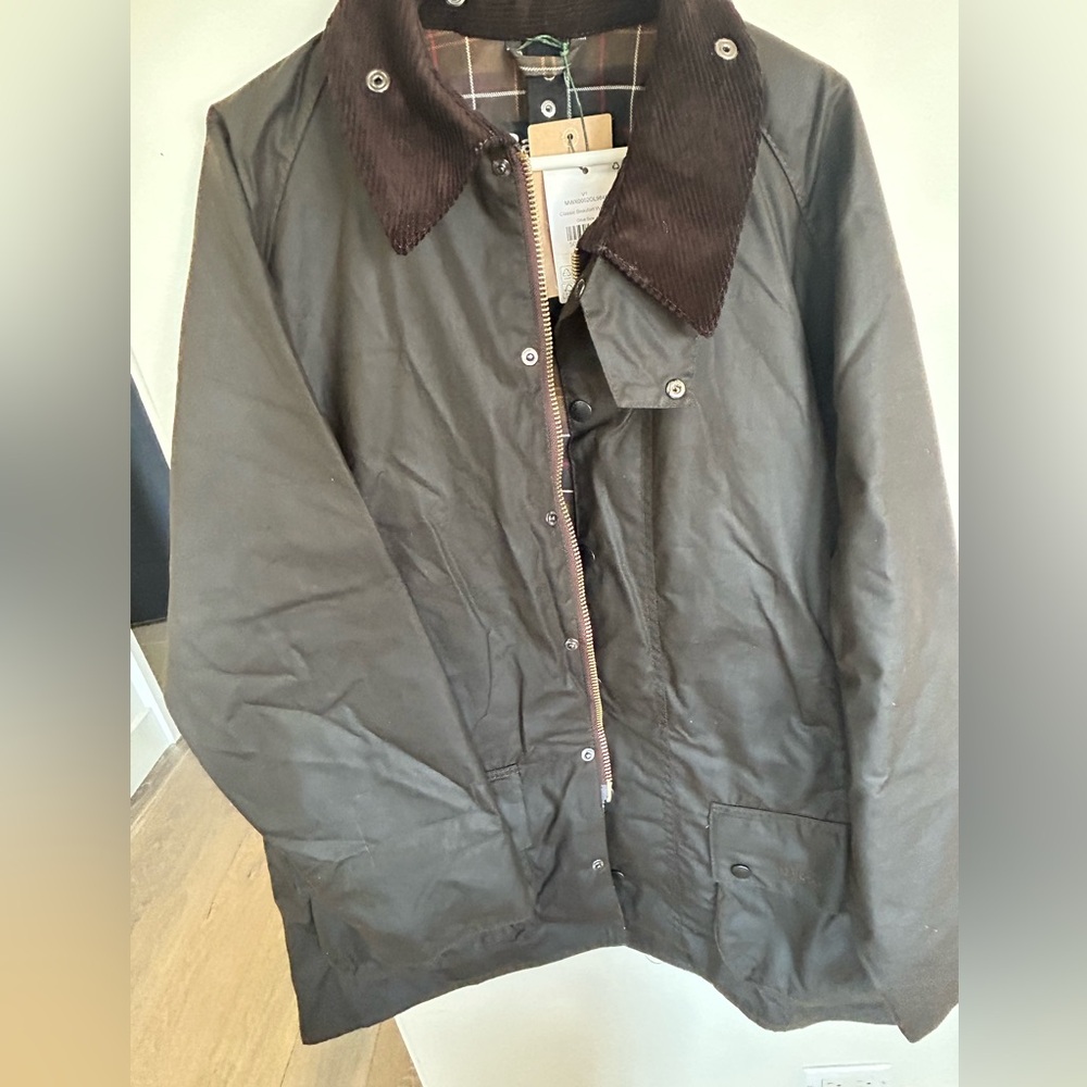NWT Classic Barbour waxed Beaufort olive jacket coat, size 46, plaid interior